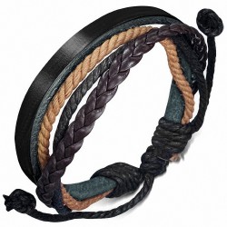 Bracelet ajustable en cuir noir avec tresse en cuir chocolat et corde noir caramel