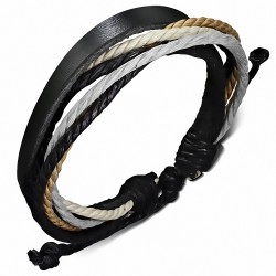 Bracelet ajustable en cuir brun avec corde noire blanche et verte