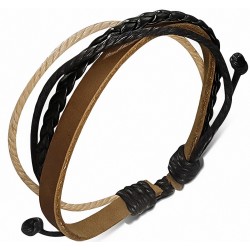 Bracelet réglable en cuir brun avec lanière cuir noir tressé et corde noir/crème