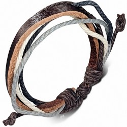Bracelet ajustable en cuir brun foncé avec corde anthracite blanche chocolat et grise