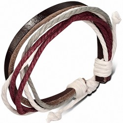 Bracelet ajustable en cuir brun foncé avec corde bordeaux blanche et grise