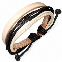 Bracelet ajustable en cuir crème avec corde noire crème et blanche