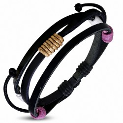 Bracelet ajustable 3 lanières en cuir noir avec corde rose blanche et caramel