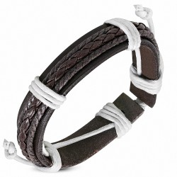Bracelet ajustable lanière en cuir marron tresse noire avec corde grise et blanche