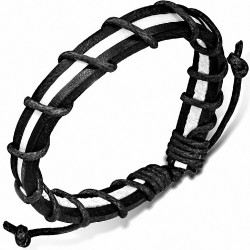 Bracelet ajustable en cuir noir et blanc avec corde noire