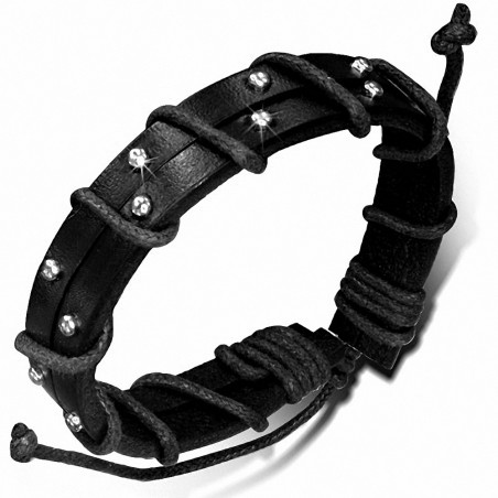 Bracelet réglable en cuir noir avec goujon de corde