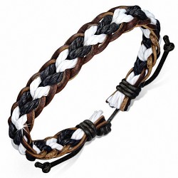 Bracelet ajustable tressé en cuir marron corde noire et corde blanche