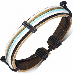 Bracelet ajustable en cuir marron avec cordes alignées caramel blanche et vert d'eau