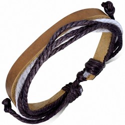 Bracelet ajustable en cuir brun avec corde chocolat et blanche
