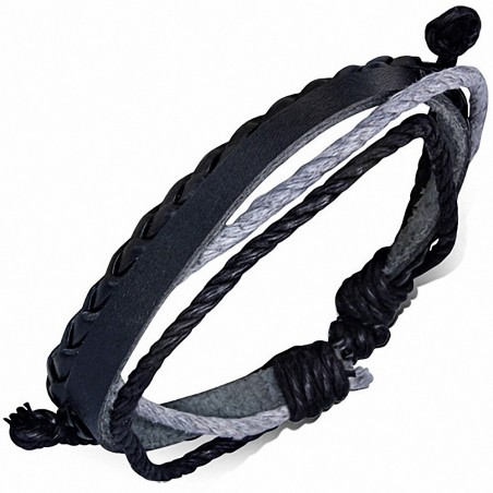 Bracelet réglable en cuir noir avec lanière cuir noir tressé et corde noir/grise