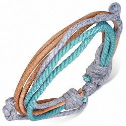 Bracelet ajustable 3 lanières rondes en cuir marron avec corde grise et vert d'eau