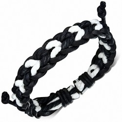 Bracelet ajustable en cuir noir tressé  et à la corde blanche