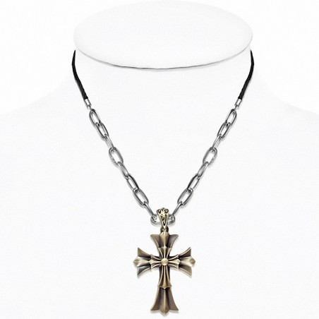 Alliage Double Fleur De Lis Croix Lien Chaîne Lien Noir Collier Cordon