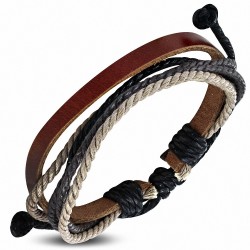 Bracelet en cuir marron ajustable avec corde noire grise et sable
