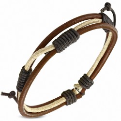Bracelet ajustable en cuir rond marron avec corde sable et chocolat