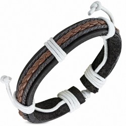 Bracelet ajustable en cuir marron avec cuir brun tressé et corde noire