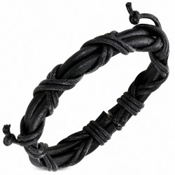 Bracelet ajustable 2 lanières rondes en cuir noir enveloppées de corde noire