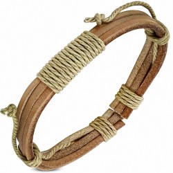 Bracelet ajustable 3 lanières carrées en cuir brun avec corde sable