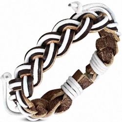Bracelet ajustable tressé en cuir marron et corde blanche