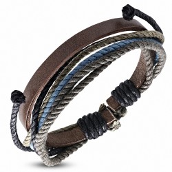 Bracelet ajustable en cuir marron avec corde noire grise et bleue