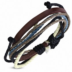 Bracelet ajustable en cuir chocolat avec corde noire brune bleue et vert anis