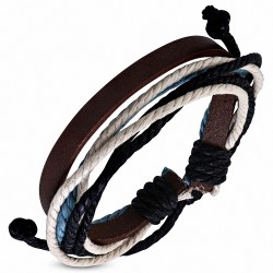 Bracelet ajustable en cuir marron avec cordnoire blanche et bleue