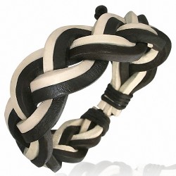 Bracelet ajustable tressé en lanières carrées de cuir noir et blanc