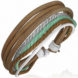 Bracelet ajustable triple en cuir brun avec corde brune menthe grise et blanche