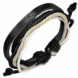 Bracelet ajustable en cuir noir avec corde noire crème et blanche