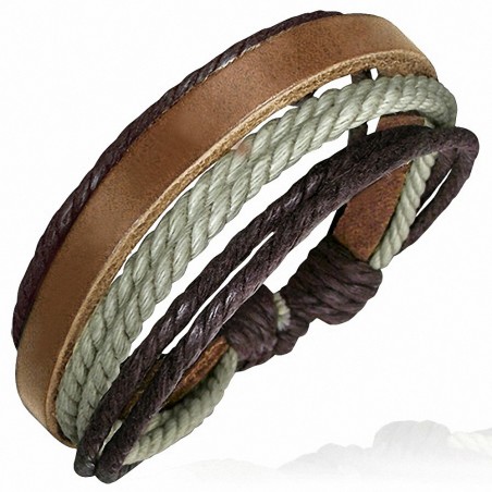 Bracelet ajustable en cuir brun avec corde chocolat et grise