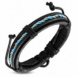 Bracelet ajustable en cuir noir avec corde noire turquoise/dorée