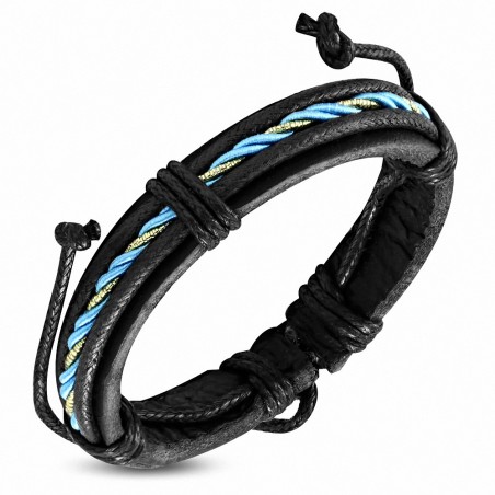 Bracelet ajustable en cuir noir avec corde noire turquoise/dorée