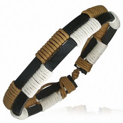 Bracelet ajustable 2 lanières en cuir noir avec cordes brune et blanche