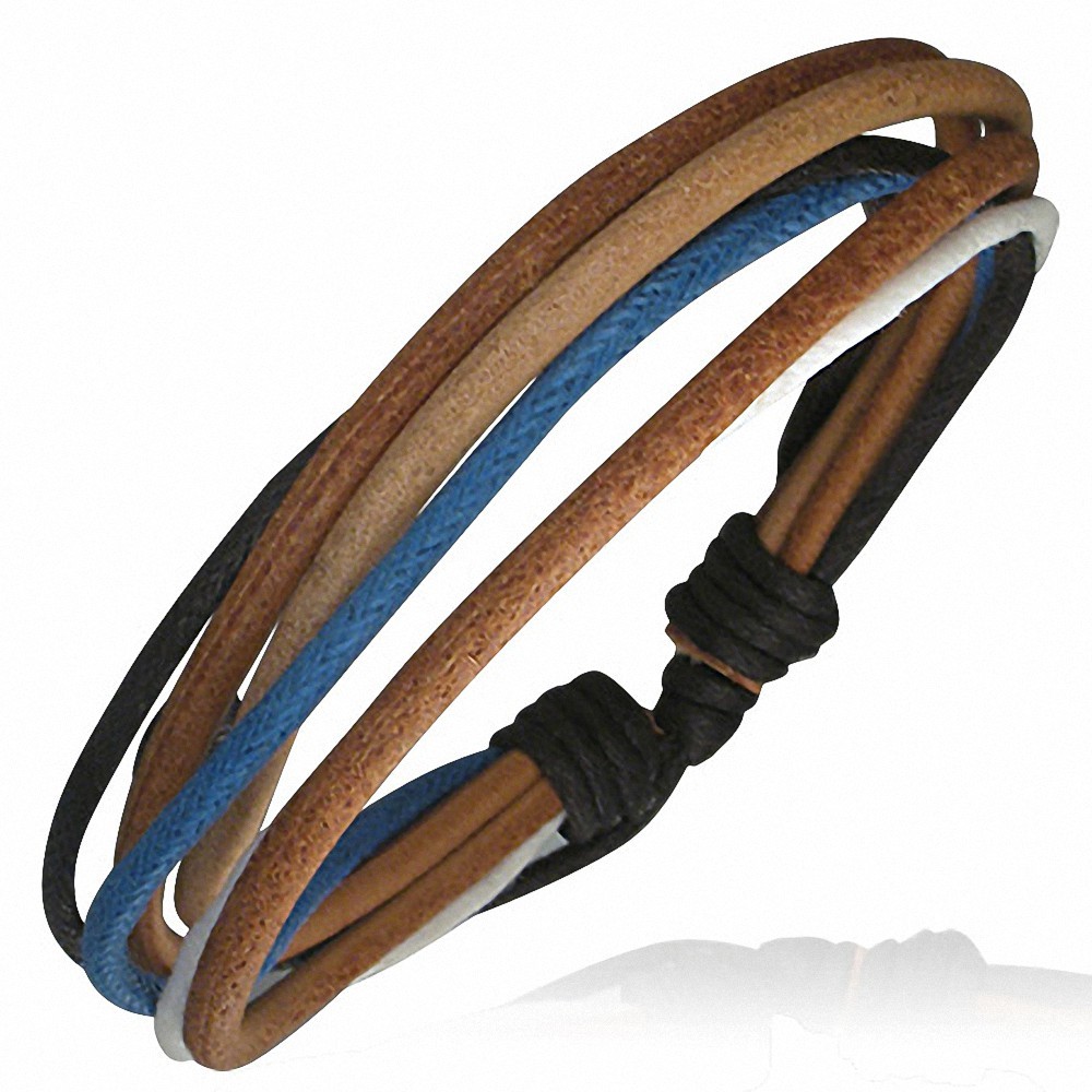 Bracelet ajustable triple en cuir brun avec corde noir bleue et blanche