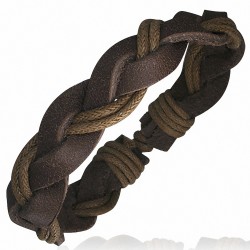 Bracelet ajustable tressé en cuir chocolat et corde brune doublée