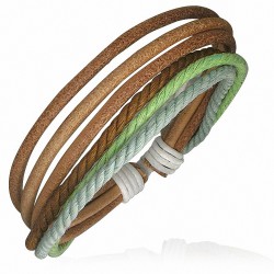 Bracelet ajustable triple  en cuir brun avec corde verte brune et menthe