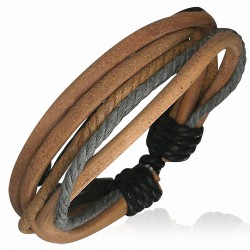 Bracelet ajustable triple en cuir brun avec corde grise et caramel