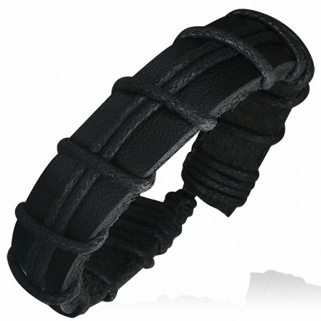 Bracelet ajustable en cuir noir avec 2 lignes de corde noire
