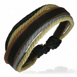 Bracelet ajustable en cuir marron avec corde chocolat verte caramel et grise