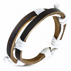 Bracelet ajustable 2 lanières en cuir brun avec corde blanche 2