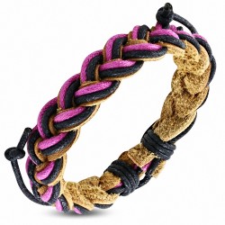 Bracelet réglable tressé en cuir clair avec corde noir et rose