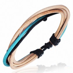 Bracelet ajustable triple en cuir clair avec corde noire et turquoise