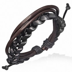 Bracelet ajustable en lanières rondes de cuir chocolat et tresse de cuir noir