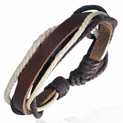 Bracelet ajustable en cuir marron avec corde chocolat grise blanche