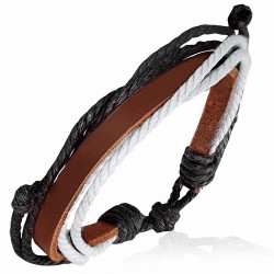 Bracelet ajustable en cuir brun avec corde noire et blanche