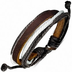 Bracelet ajustable en cuir marron avec corde grise et blanche