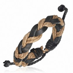 Bracelet ajustable tressé en cuir noir et corde sable doublée