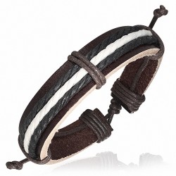 Bracelet ajustable en cuir marron avec bandes de corde chocolat antrhacite et blanche