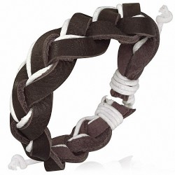 Bracelet ajustable tressé en cuir chocolat et cordes blanches
