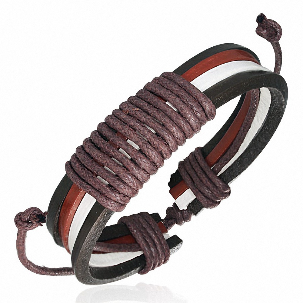 Bracelet ajustable 4 bandes en cuir noir rouge et blanc avec corde chocolat